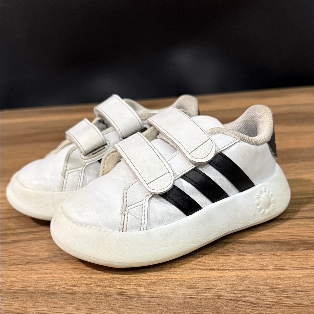 adidas Kids White Sneakers with Black Stripes